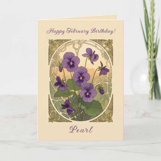 Viola Flowers February Birthday Art Nouveau Style Kaart (Voorkant)