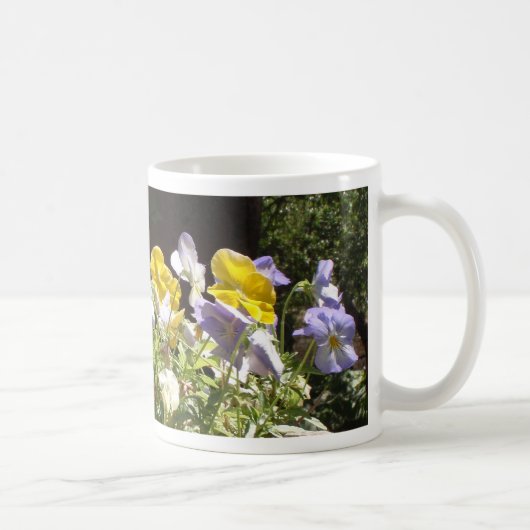 Violas in een stenen trog. koffiemok (Rechts)