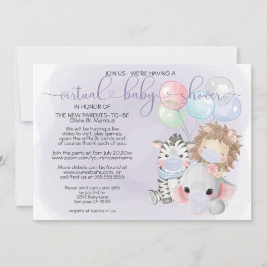 Violet 3 Vuildieren in maskers virtueel Baby showe Kaart (Voorkant)