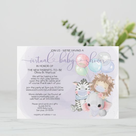 Violet 3 Vuildieren in maskers virtueel Baby showe Kaart (Staand voorkant)