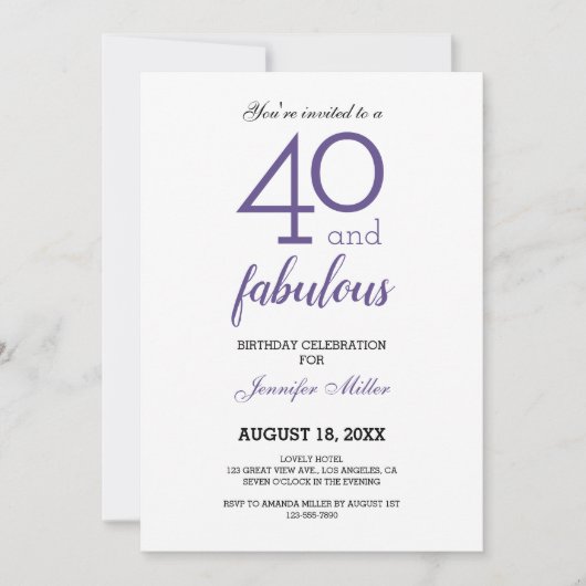 Violet 40 en Fabulous Birthday Invitation Kaart (Voorkant)