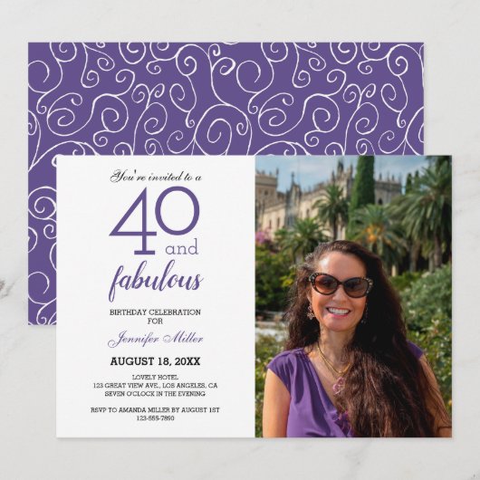 Violet 40 en Fabulous Birthday Photo Invitation Kaart (Voorkant / Achterkant)