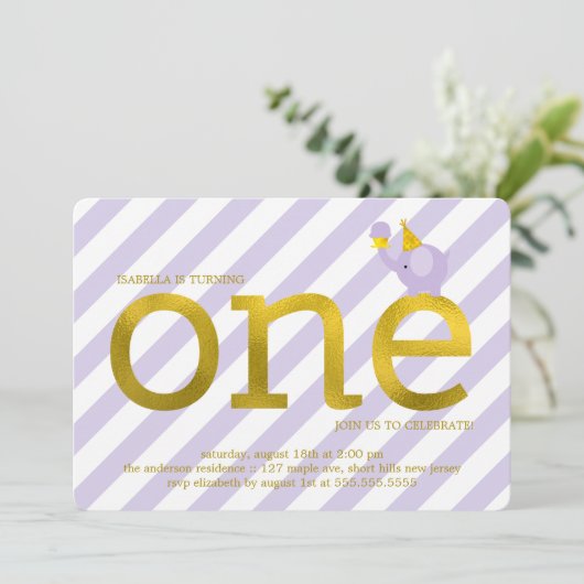 Violet and Faux Gold Foil Elephant Birthday Party Kaart (Staand voorkant)