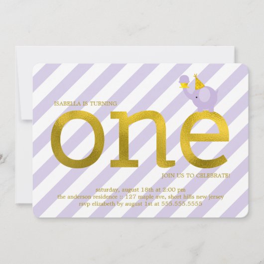 Violet and Faux Gold Foil Elephant Birthday Party Kaart (Voorkant)