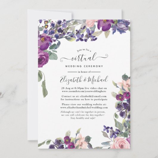 Violet and Plum Floral Online Virtual Wedding Kaart (Voorkant)