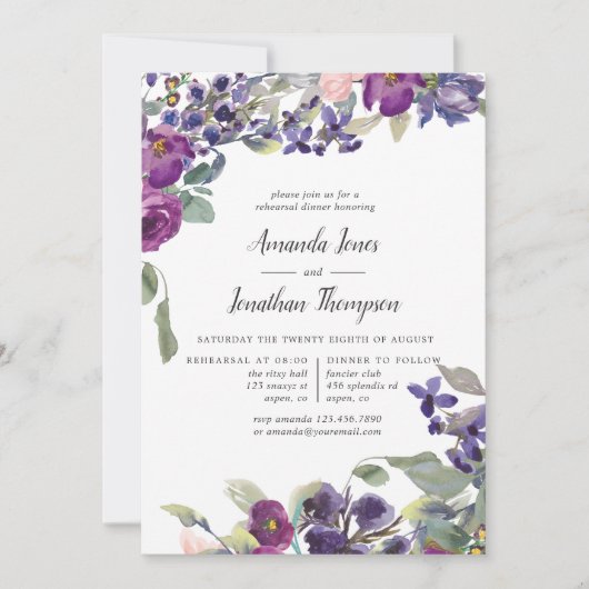 Violet and Plum Floral Rehearsal Dinner-uitnodigin Kaart (Voorkant)