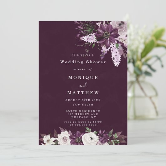 Violet and White Peonies Wedding Shower nodigt uit (Staand voorkant)
