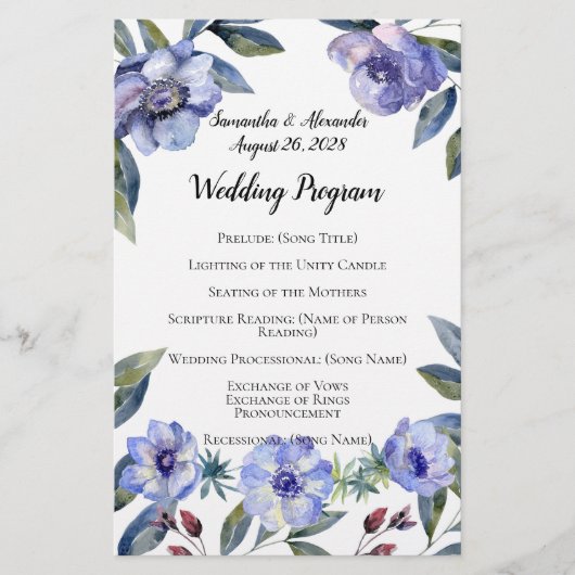 Violet Anemone Flower Waterverf Wedding Programme (Voorkant)