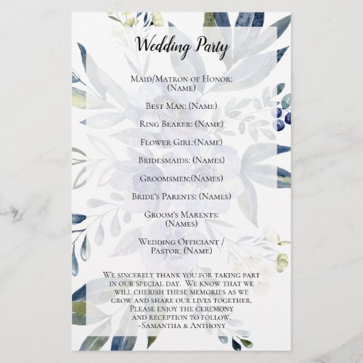 Violet Anemone Flower Waterverf Wedding Programme (Achterkant)