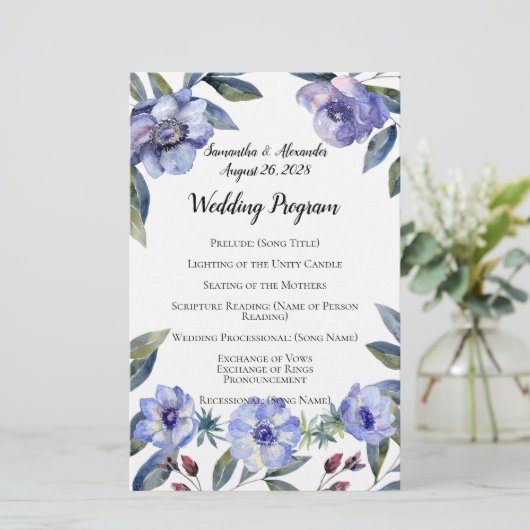 Violet Anemone Flower Waterverf Wedding Programme (Staand voorkant)