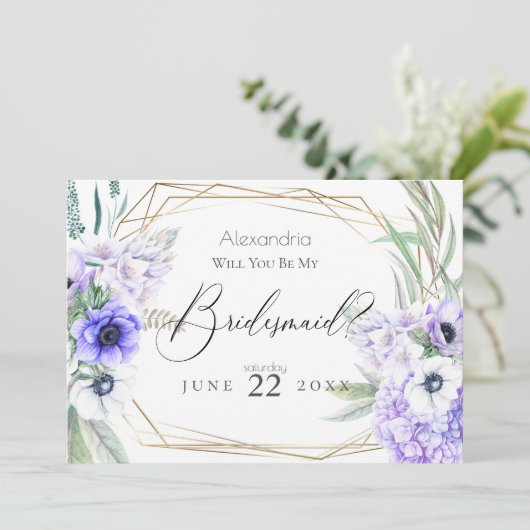 Violet Anemone Flowers word m'n Bridesmaid. Kaart (Staand voorkant)