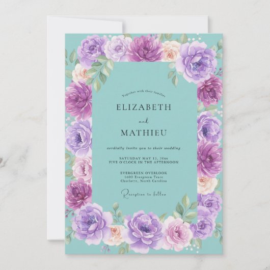 Violet Aqua Bloom Bruiloft Kaart (Voorkant)