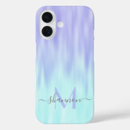 Violet Aqua Blue Pastel Ombre Chic Script Monogram iPhone 16 Hoesje