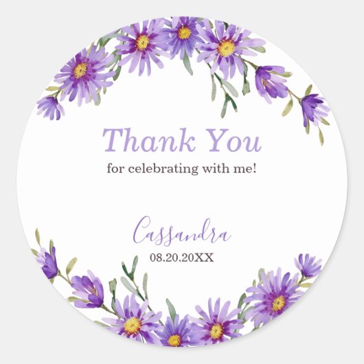 Violet Aster Floral Botanische Verjaardag Bedankt Ronde Sticker (Voorkant)