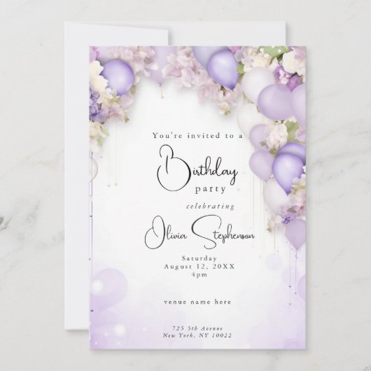 Violet Ballonnen en Pioen Bloemen QR Verjaardag Kaart (Voorkant)