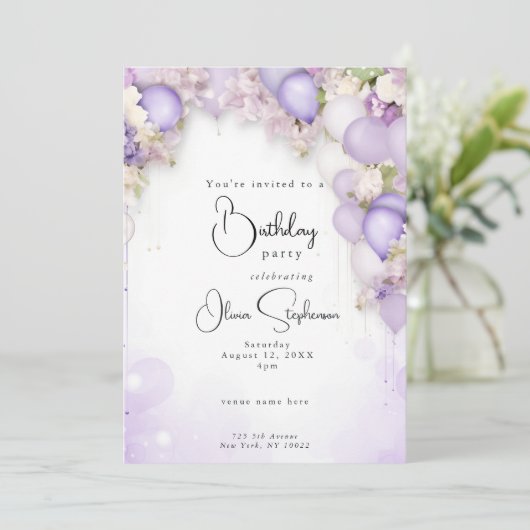 Violet Ballonnen en Pioen Bloemen QR Verjaardag Kaart (Staand voorkant)