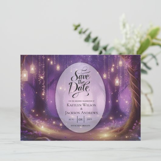 Violet bij Midnight Enchanted Forest Wedding Save The Date (Staand voorkant)