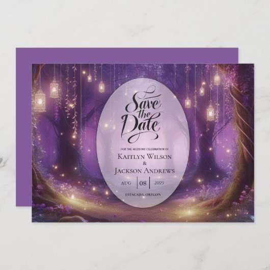 Violet bij Midnight Enchanted Forest Wedding Save The Date (Voorkant / Achterkant)