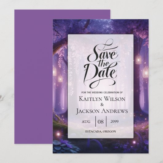 Violet bij Midnight Enchanted Forest Wedding Save The Date (Voorkant / Achterkant)