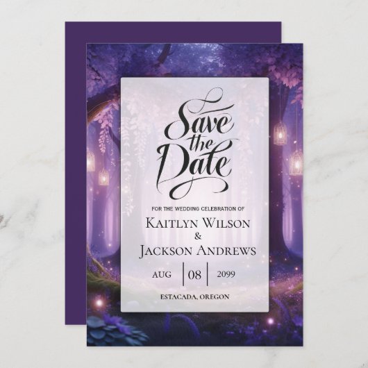Violet bij Midnight Enchanted Forest Wedding Save The Date (Voorkant / Achterkant)
