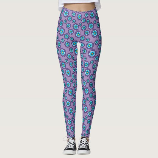 Violet blauw bloemen patroon leggings (Voorkant)