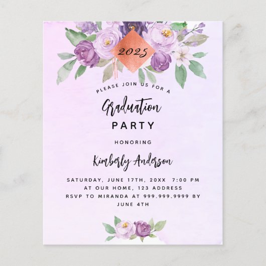 Violet bloem budget graduatie party uitnodiging (Voorkant)