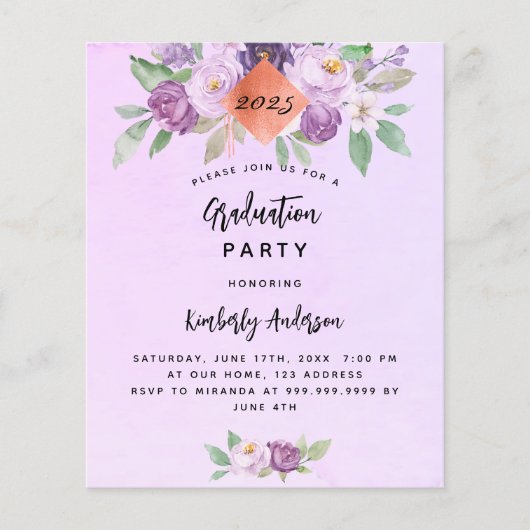 Violet bloem budget graduatie party uitnodiging flyer (Voorkant)