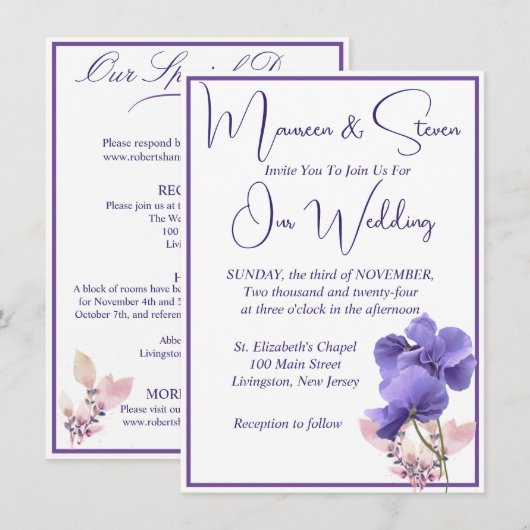Violet Bloemen Elegante witte bruiloft Kaart (Voorkant / Achterkant)