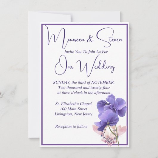 Violet Bloemen Elegante witte bruiloft Kaart (Voorkant)
