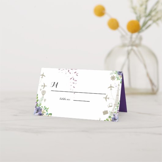 Violet Bloemen en Reizen Thema Huwelijksuitnodigin Plaatskaartje (Voorkant)
