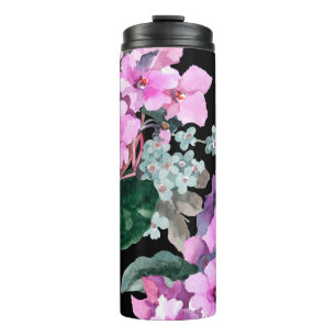 Violet bloemen en vergeet me niet waterverf op bla thermosbeker