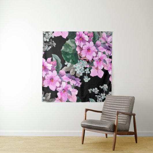 Violet bloemen en vergeet me niet waterverf op bla wandkleed (In Situ (horizontaal))