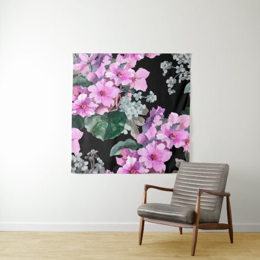 Violet bloemen en vergeet me niet waterverf op bla wandkleed (In situ)