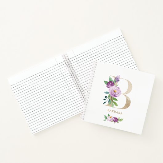  Violet Bloemen Gouden Folie Letter B Monogram Notitieboek (Binnen)