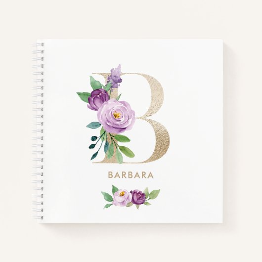 Violet Bloemen Gouden Folie Letter B Monogram Notitieboek (Voorkant)