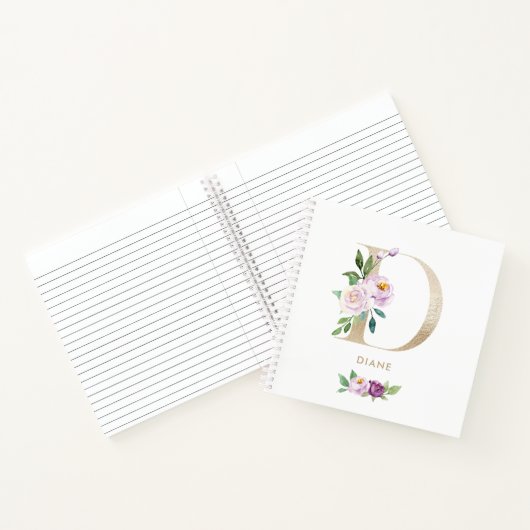 Violet Bloemen Gouden Folie Letter D Monogram Notitieboek (Binnen)