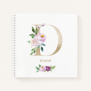 Violet Bloemen Gouden Folie Letter D Monogram Notitieboek