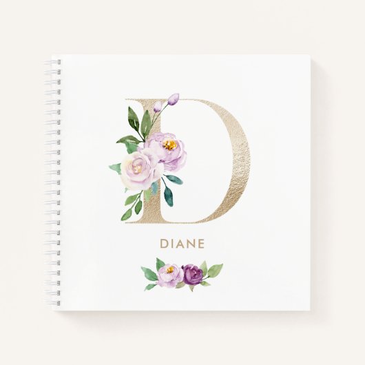  Violet Bloemen Gouden Folie Letter D Monogram Notitieboek (Voorkant)