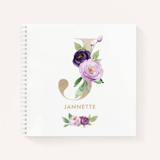  Violet Bloemen Gouden Folie Letter J Monogram Notitieboek (Voorkant)