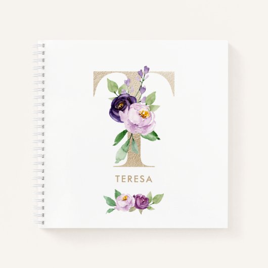  Violet Bloemen Gouden Folie Letter T Monogram Notitieboek (Voorkant)