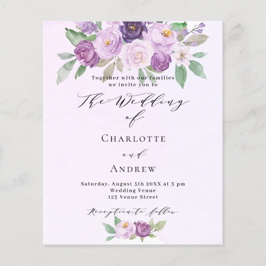 Violet bloemen groen budget bruiloft uitnodiging (Voorkant)