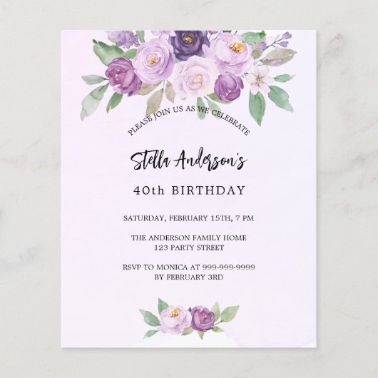 Violet bloemen groen budget verjaardag uitnodiging (Voorkant)