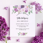 Violet bloemen groen budget verjaardag uitnodiging<br><div class="desc">Een violette,  lavendelkleurige achtergrond. Versierd met violette en paarse waterkleurige bloemen en groen. Personaliseer en voeg jouw namen en feestdetails toe. 1 vel = 1 uitnodiging afgedrukt rand tot rand.</div>