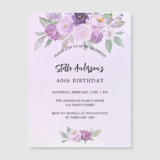 Violet bloemen groen luxe verjaardag magnetische uitnodiging (Voorkant)