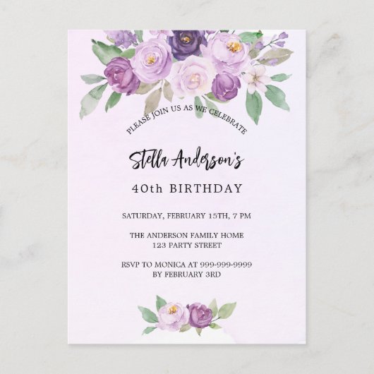 Violet bloemen groen verjaardag uitnodiging briefkaart (Voorkant)