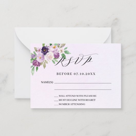 Violet bloemen lavendel bruiloft reactie RSVP Notitiekaartje (Voorkant)