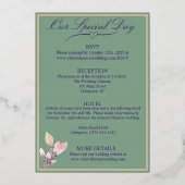 Violet bloemen op groene bruiloft folie uitnodiging (Achterkant)