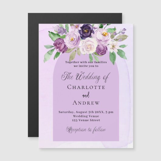 Violet bloemenboog paarse luxe bruiloft magnetische uitnodiging (Voorkant / Achterkant)