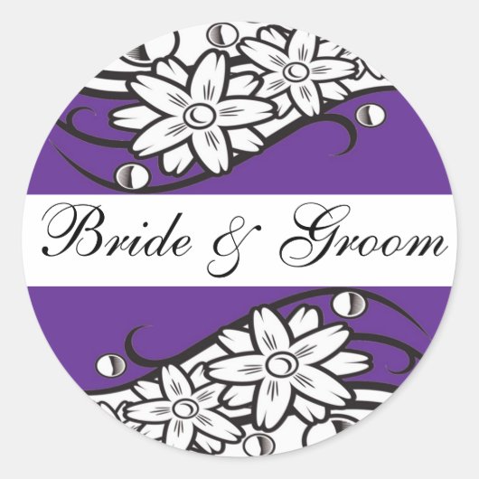 Violet Bloemenbruid & bruidegom Huwelijksenvelop A Ronde Sticker (Voorkant)