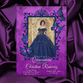 Violet, Blue Butterfly Quinceanera Invitation Kaart